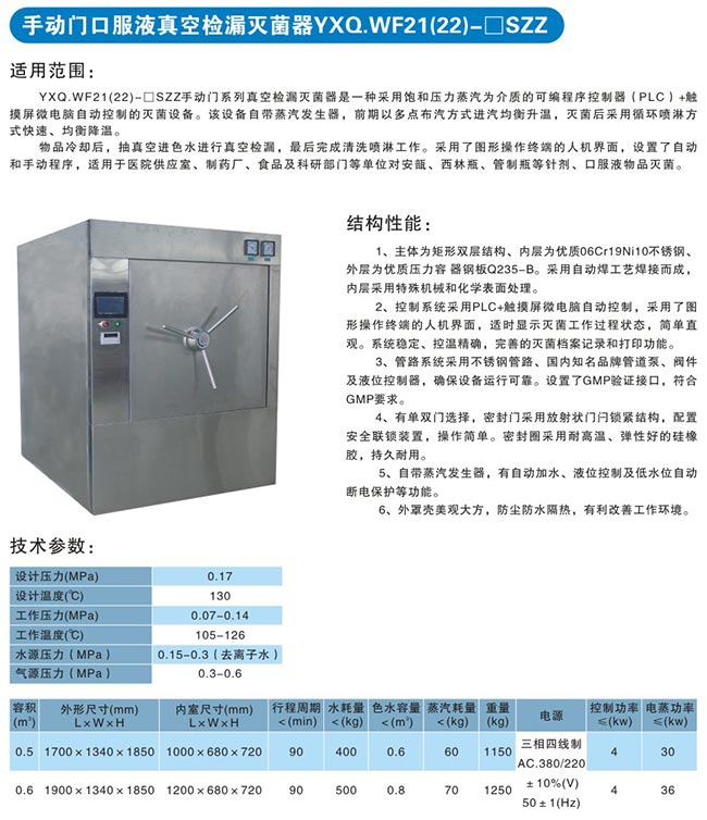 手动门口服液真空检漏灭菌器YXQ.WF21(22)-□SZZ